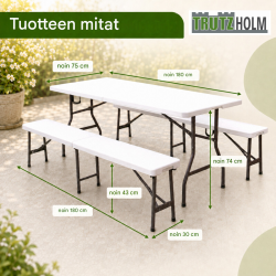 Taitettava juhlakalustesetti 3-osainen, valkoinen, pöytä ja 2 penkkiä 180 cm, teräs ja HDPE