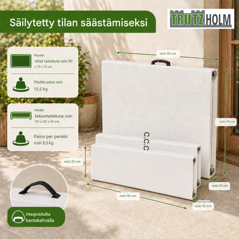 Taitettava juhlakalustesetti 3-osainen, valkoinen, pöytä ja 2 penkkiä 180 cm, teräs ja HDPE