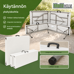 Taitettava juhlakalustesetti 3-osainen, valkoinen, pöytä ja 2 penkkiä 180 cm, teräs ja HDPE