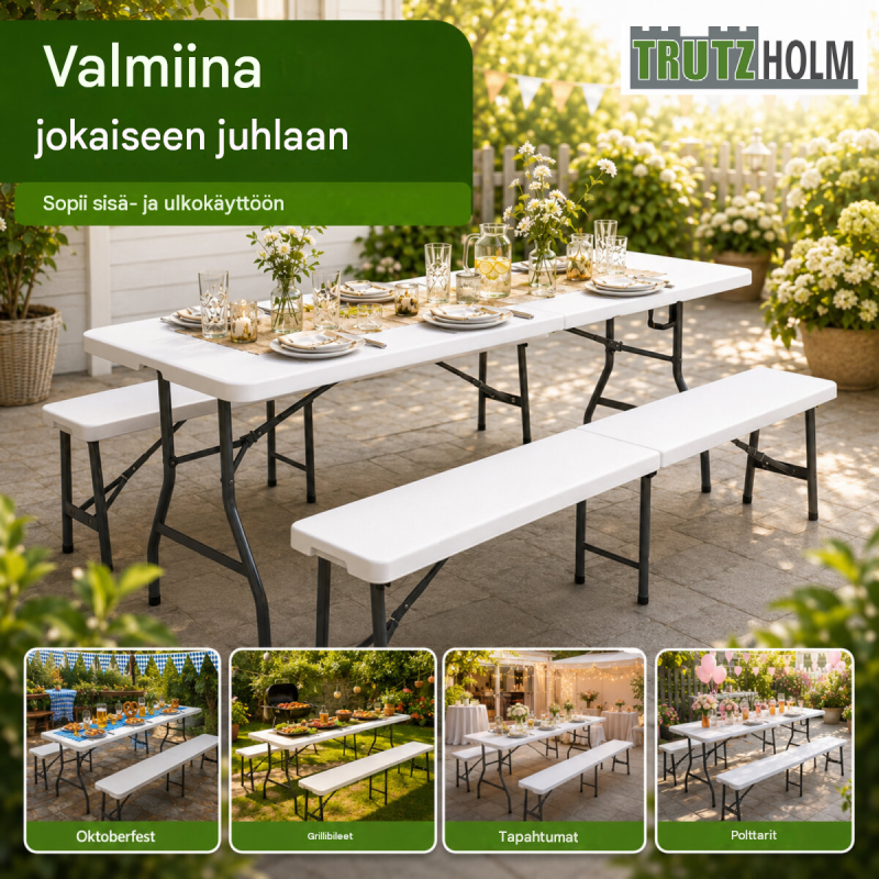 Taitettava juhlakalustesetti 3-osainen, valkoinen, pöytä ja 2 penkkiä 180 cm, teräs ja HDPE