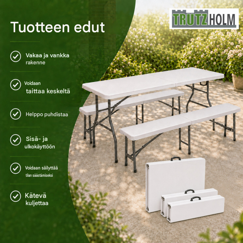 Taitettava juhlakalustesetti 3-osainen, valkoinen, pöytä ja 2 penkkiä 180 cm, teräs ja HDPE