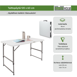 Retkeilusetti, kokoontaitettava pöytä 120 x 60 cm ja 2 tuolia, valkoinen muovi