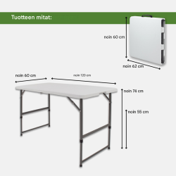 Retkeilusetti, kokoontaitettava pöytä 120 x 60 cm ja 2 tuolia, valkoinen muovi