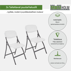 Retkeilusetti, kokoontaitettava pöytä 120 x 60 cm ja 2 tuolia, valkoinen muovi
