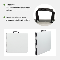 Retkeilusetti, kokoontaitettava pöytä 120 x 60 cm ja 2 tuolia, valkoinen muovi