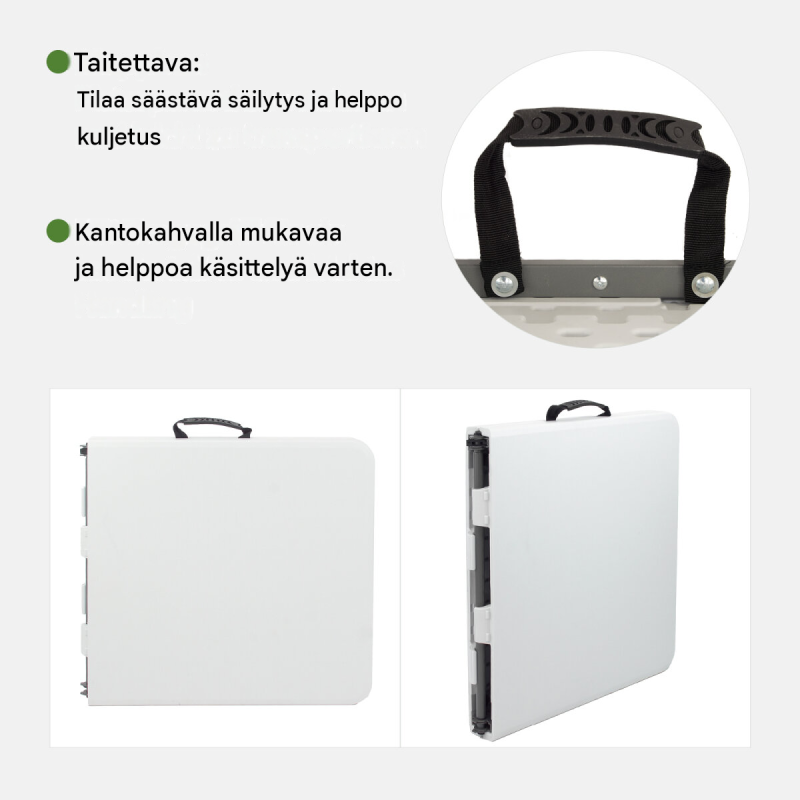 Retkeilusetti, kokoontaitettava pöytä 120 x 60 cm ja 2 tuolia, valkoinen muovi