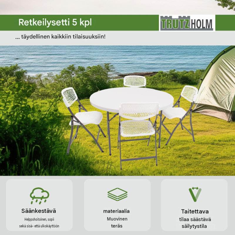 Kokoontaitettava retkeilysetti, pöytä Ø 120 cm ja 4 tuolia, valkoinen, teräsosat antrasiitti