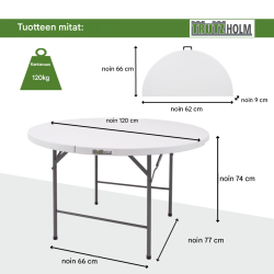 Kokoontaitettava retkeilysetti, pöytä Ø 120 cm ja 4 tuolia, valkoinen, teräsosat antrasiitti