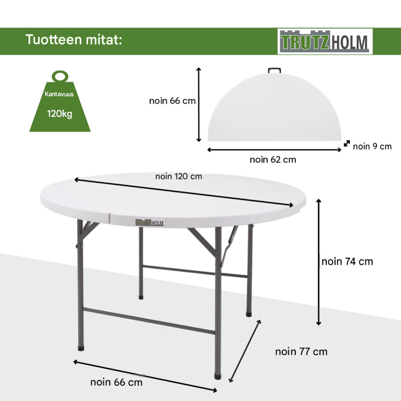 Kokoontaitettava retkeilysetti, pöytä Ø 120 cm ja 4 tuolia, valkoinen, teräsosat antrasiitti