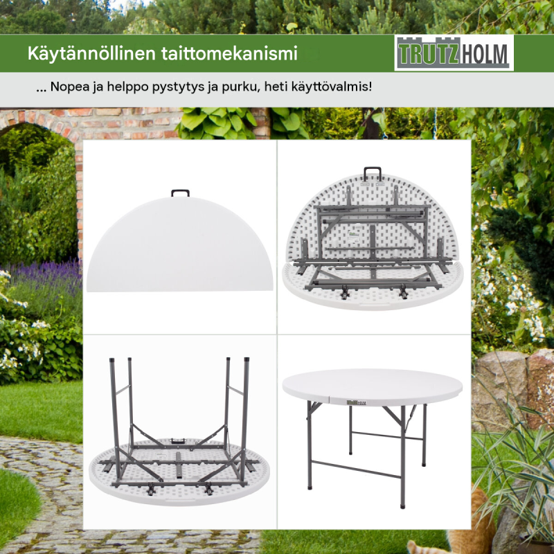 Kokoontaitettava retkeilysetti, pöytä Ø 120 cm ja 4 tuolia, valkoinen, teräsosat antrasiitti