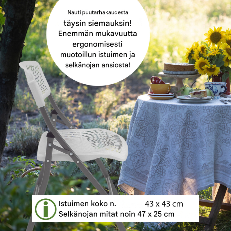 Kokoontaitettava retkeilysetti, pöytä Ø 120 cm ja 4 tuolia, valkoinen, teräsosat antrasiitti