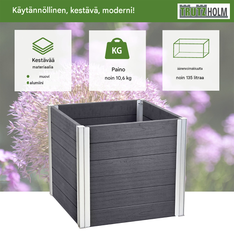 Istutusallas 57 x 57 x 56,5 cm, 135 l, puukuvio, antrasiitti ja hopea