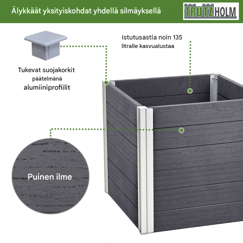 Istutusallas 57 x 57 x 56,5 cm, 135 l, puukuvio, antrasiitti ja hopea