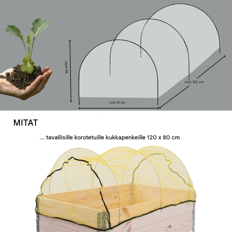 Kasvatuslaatikon kasvinsuojaverkko 120 x 80 cm, 3 teräskaarta, polyeteeni