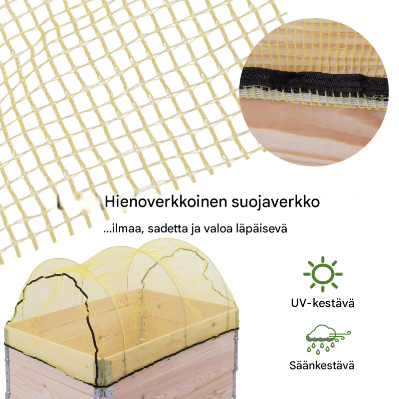 Kasvatuslaatikon kasvinsuojaverkko 120 x 80 cm, 3 teräskaarta, polyeteeni