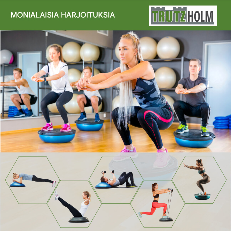 Balance-puolipallo 60 cm, PVC, käsikahvat ja ilmapumppu, sininen, harmaa, lila tai pinkki