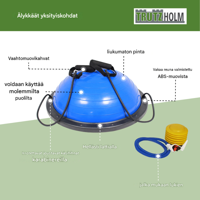Balance-puolipallo 60 cm, PVC, käsikahvat ja ilmapumppu, sininen, harmaa, lila tai pinkki