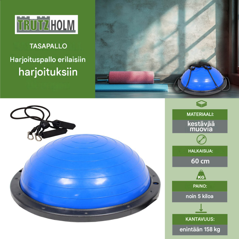 Balance-puolipallo 60 cm, PVC, käsikahvat ja ilmapumppu, sininen, harmaa, lila tai pinkki