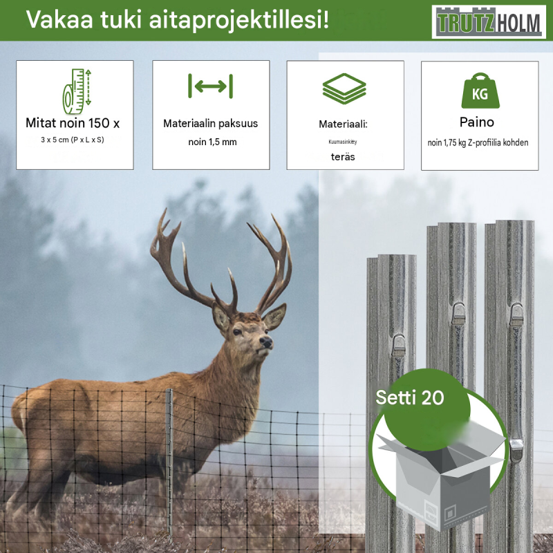 Z-profiilinen aitapylväs 20 kpl, 150 cm, sinkitty teräs, 1.5 mm, esirei'itetyt koukut