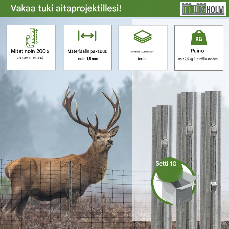 Z-profiiliaitatolpat 10 kpl, sinkitty teräs, 200 cm, 1,5 mm, rei'itetyt koukut