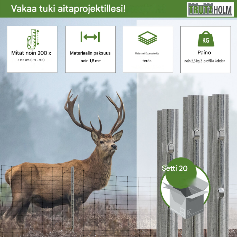 20 x Z-profiilinen aidantolppa 200 cm, sinkitty teräs, 1,5 mm, meistetyt koukut