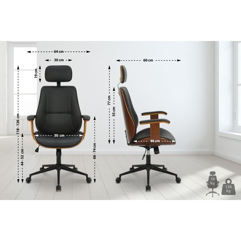 Ergonominen toimistotuoli keinonahkaa puisella selkänojalla ja päätuella