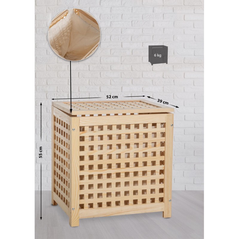 Tyylikäs puinen pyykkikori irrotettavalla pussilla kolmessa koossa
