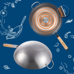 Monipuolinen hiiliteräs wok-setti kahdella pannulla ja lisävarusteilla