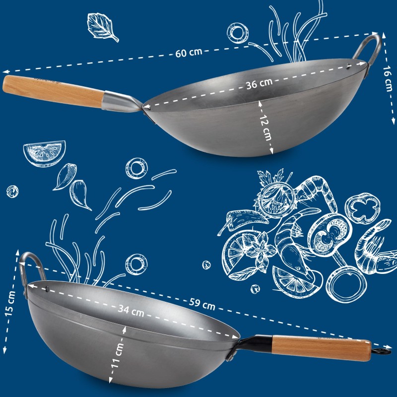 Monipuolinen hiiliteräs wok-setti kahdella pannulla ja lisävarusteilla