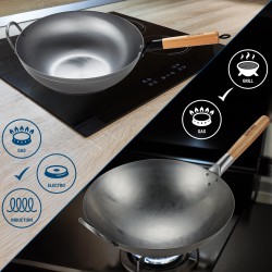 Monipuolinen hiiliteräs wok-setti kahdella pannulla ja lisävarusteilla