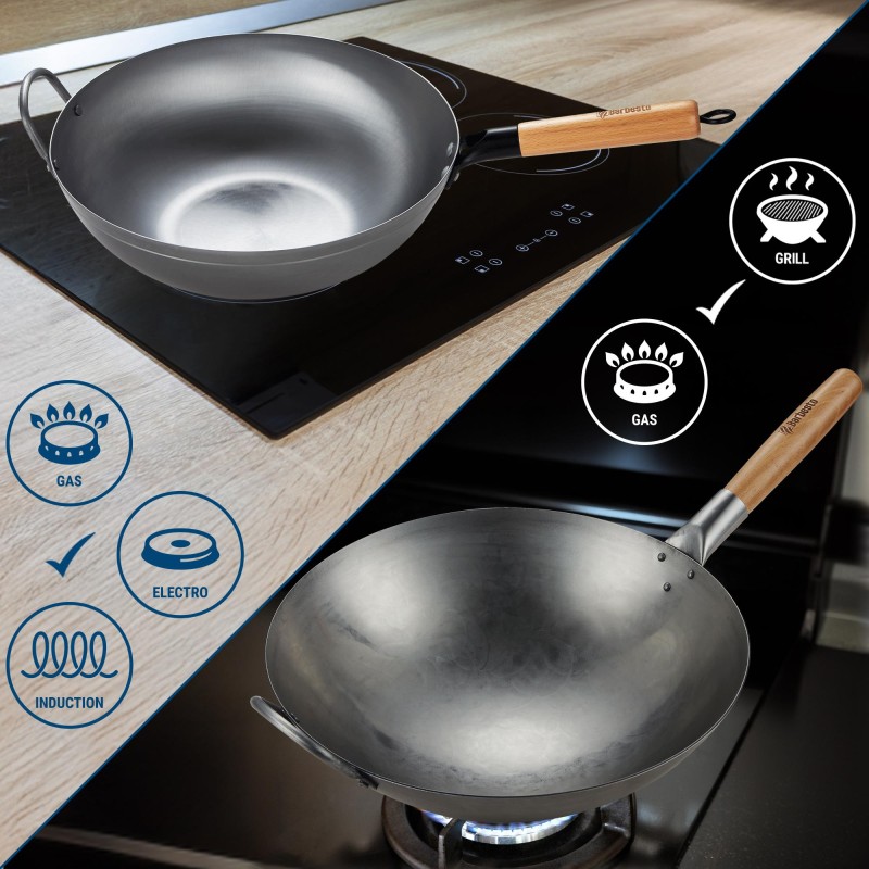 Monipuolinen hiiliteräs wok-setti kahdella pannulla ja lisävarusteilla