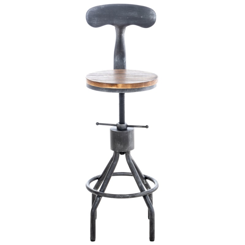 Säädettävä teollinen baarijakkara puuistuimella ja metalliselkänojalla