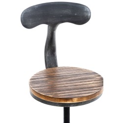 Säädettävä teollinen baarijakkara puuistuimella ja metalliselkänojalla