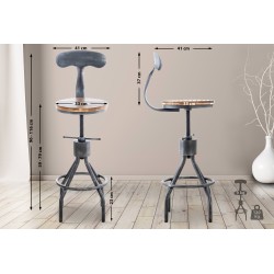 Säädettävä teollinen baarijakkara puuistuimella ja metalliselkänojalla