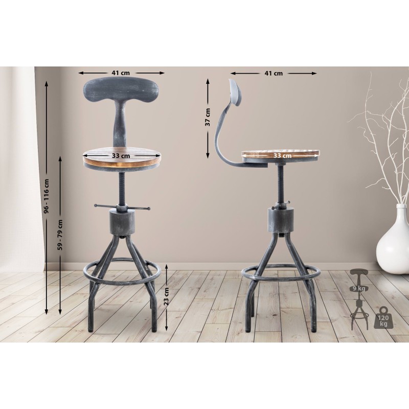 Säädettävä teollinen baarijakkara puuistuimella ja metalliselkänojalla