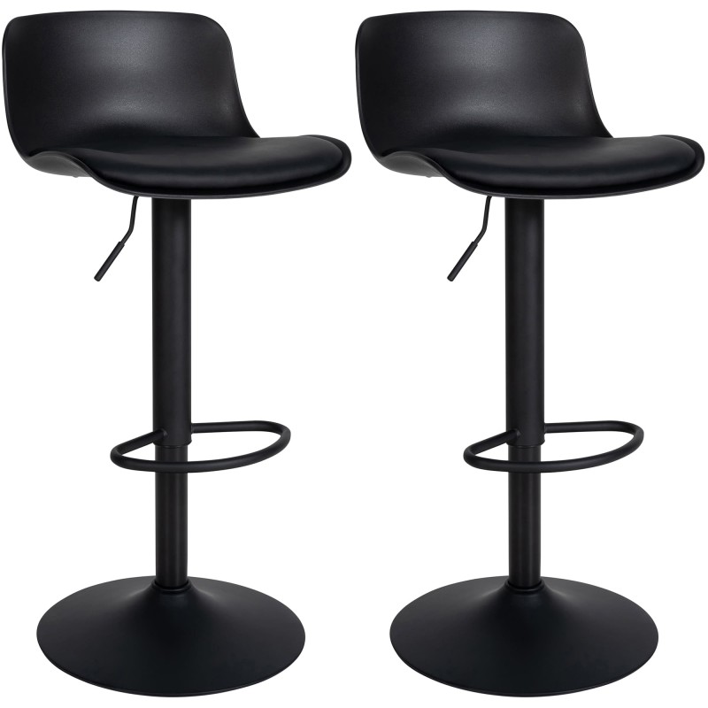 Säädettävä baarijakkara-pari keinonahkaistuimella ja jalkatuella