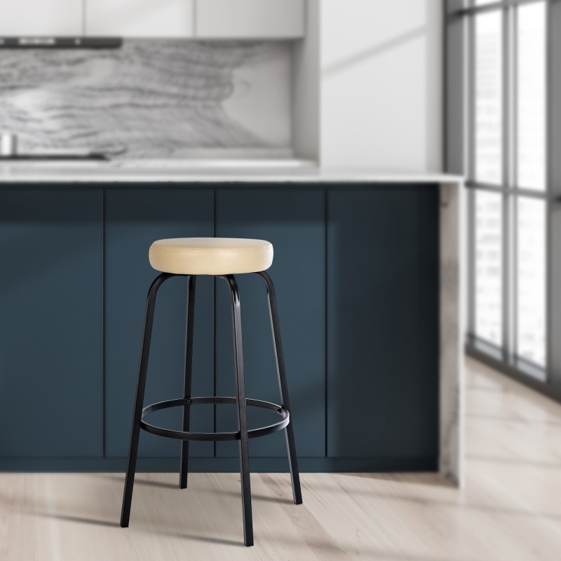 Tyylikäs pyöreä baarijakkara pehmustetulla istuimella ja metallijalustalla