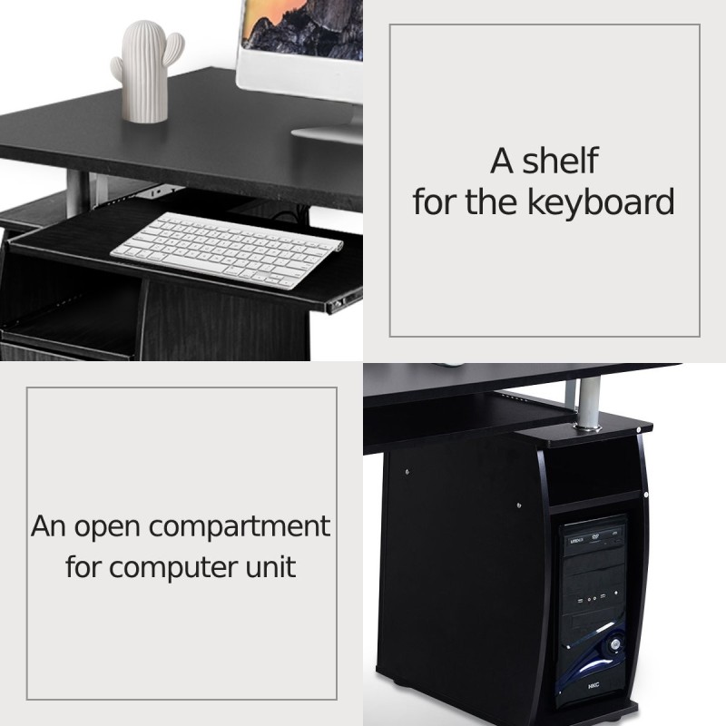 Ammattimainen tietokonepöytä liukuvalla näppäimistötasolla ja laatikoilla