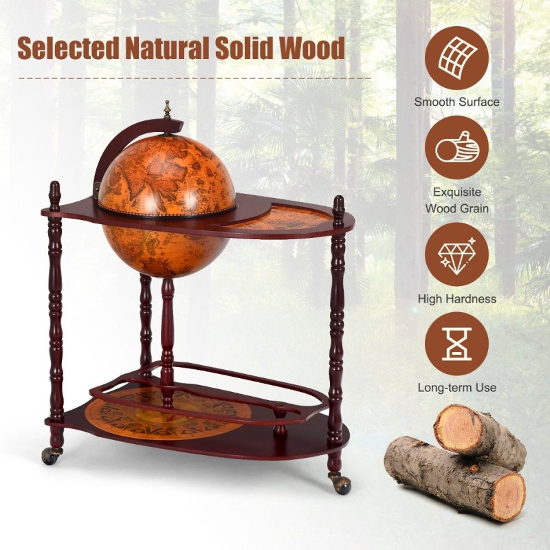 Puuinen maapalloviinikaappi retrotyylisellä juomatelineellä ruskea