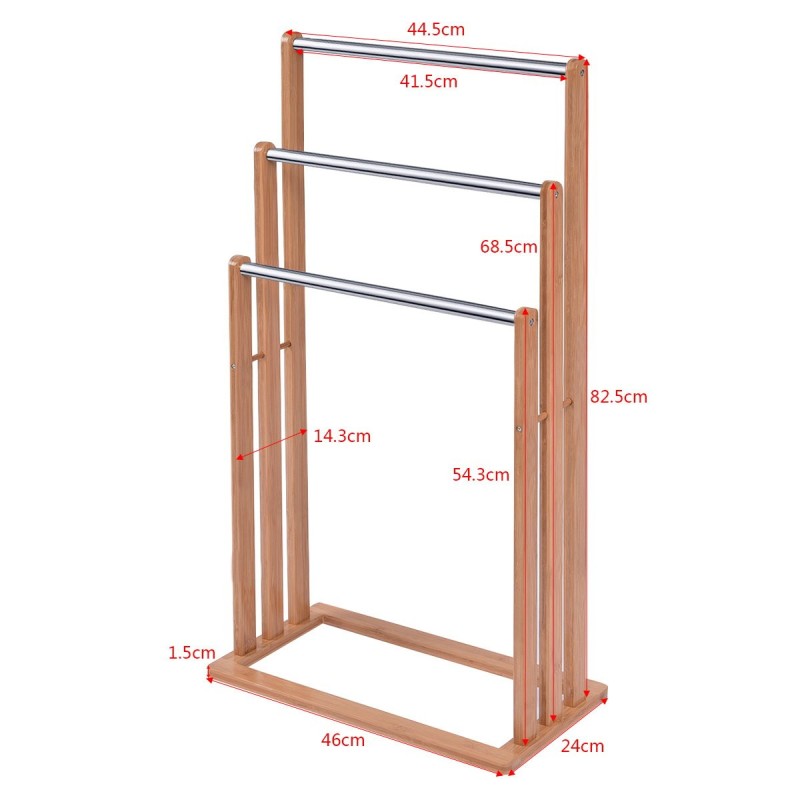 Bambusta valmistettu vapaasti seisova pyyheteline kolmella tangolla