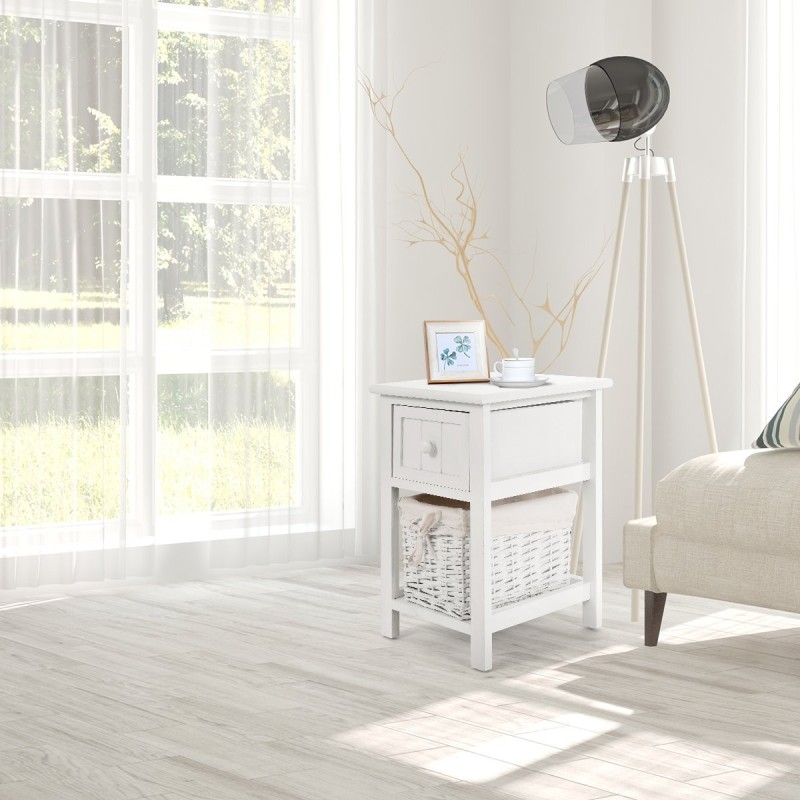 Kaksitasoinen valkoinen puinen yöpöytä korilla ja laatikolla