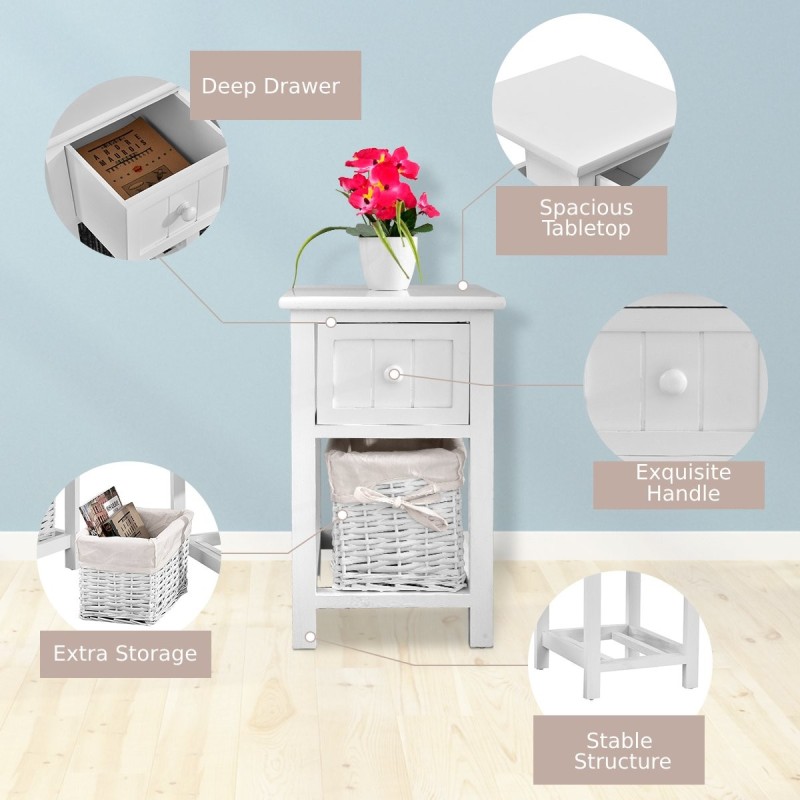 Kaksitasoinen valkoinen puinen yöpöytä korilla ja laatikolla