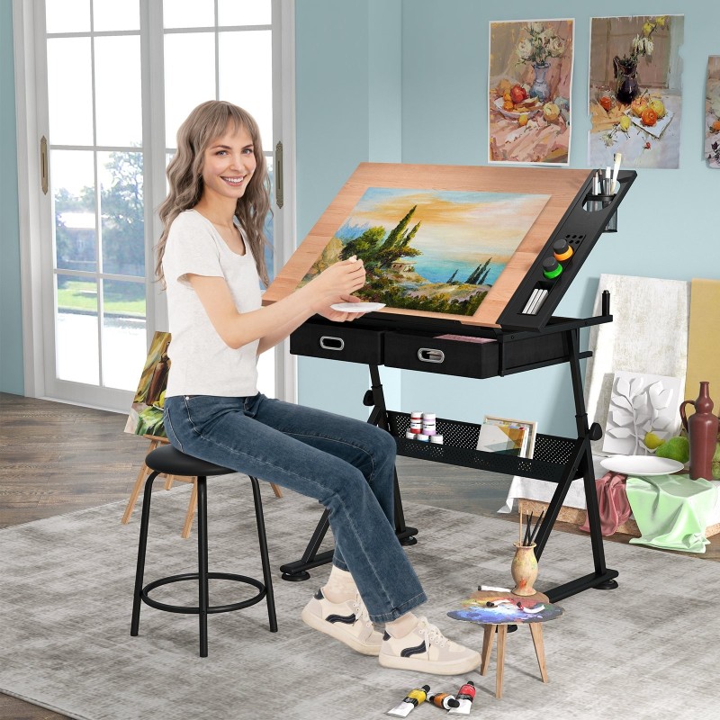 Piirustuspöytä ja jakkara, säädettävä korkeus ja kulma