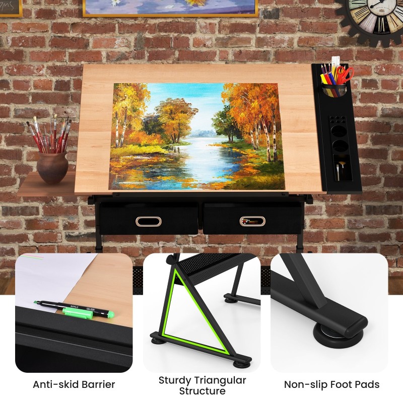 Piirustuspöytä ja jakkara, säädettävä korkeus ja kulma