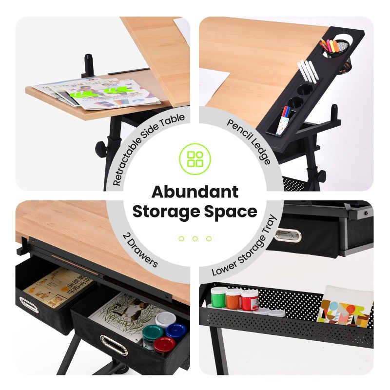 Piirustuspöytä ja jakkara, säädettävä korkeus ja kulma