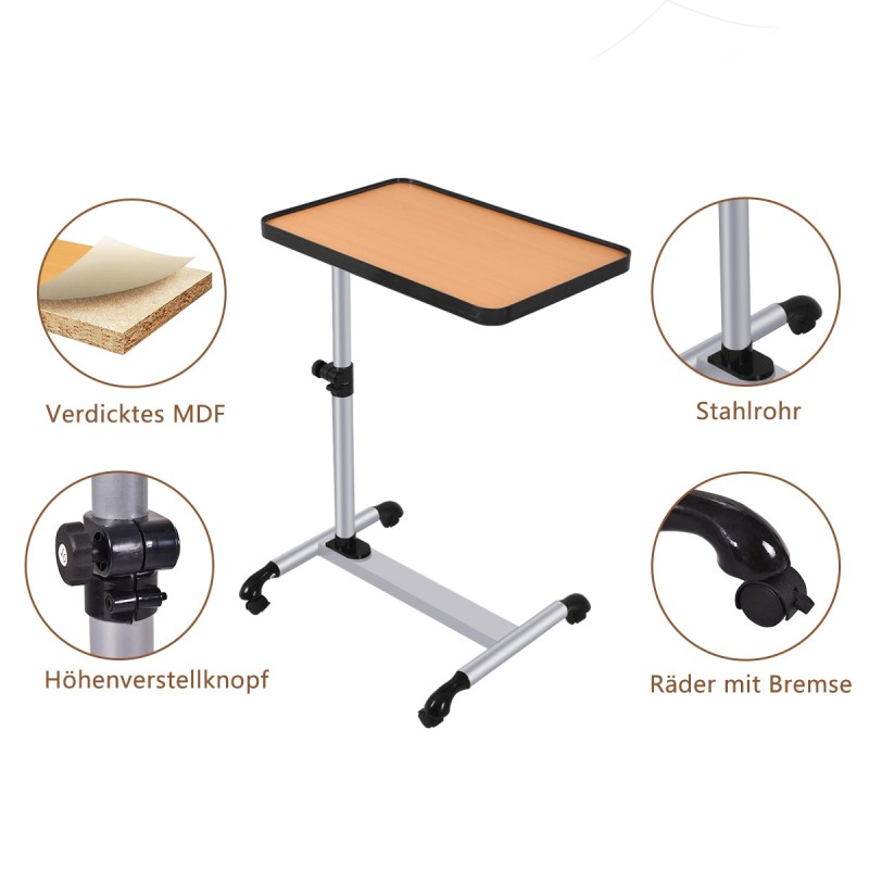 Monikäyttöinen säädettävä kannettavan tietokoneen pöytä pyörillä, luonnonväri