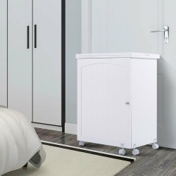 Taitettava valkoinen ompelupöytä säilytyshyllyillä ja lukittavilla pyörillä