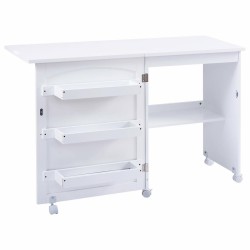 Taitettava valkoinen ompelupöytä säilytyshyllyillä ja lukittavilla pyörillä