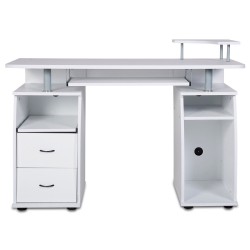 Valkoinen tietokonepöytä näppäimistötasolla ja tulostinhyllyllä