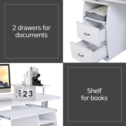 Valkoinen tietokonepöytä näppäimistötasolla ja tulostinhyllyllä